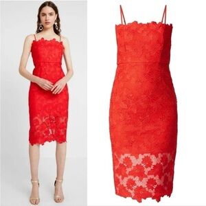 New Bardot Sunshine Red Pencil Dress Midi Lace Cocktail Party Size 10 Large
